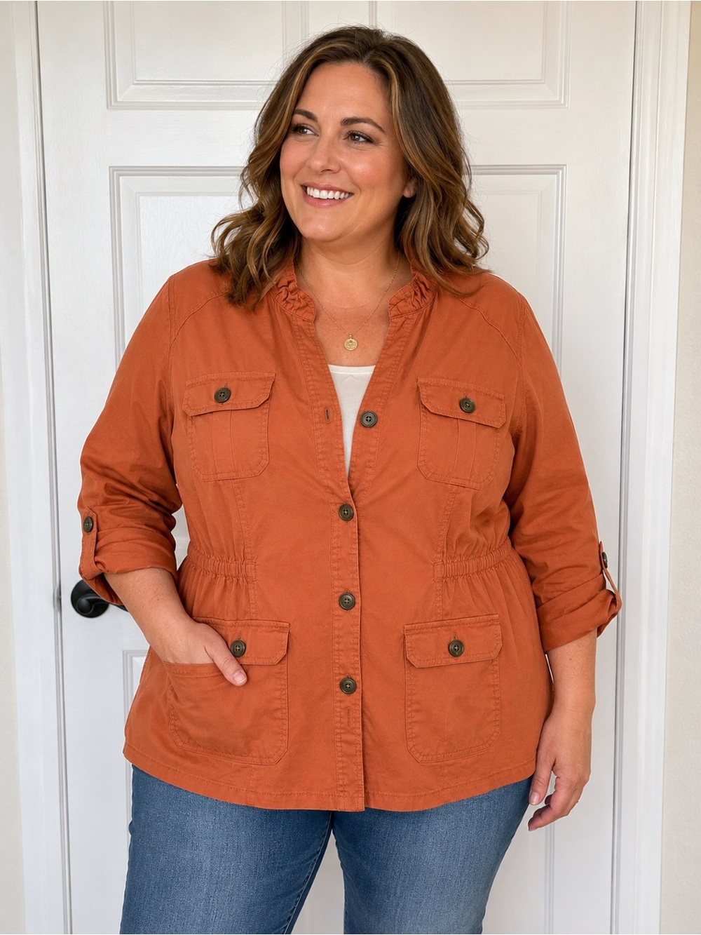dressbarn Rust Orange Utility Jacket with Button Front